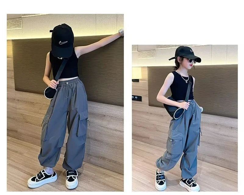 Girls' High Waist Straight Trousers Kids Fashion Hip Hop Joggers Cargo Pants Children Cool Spring Autumn Drawstring Sweatpants