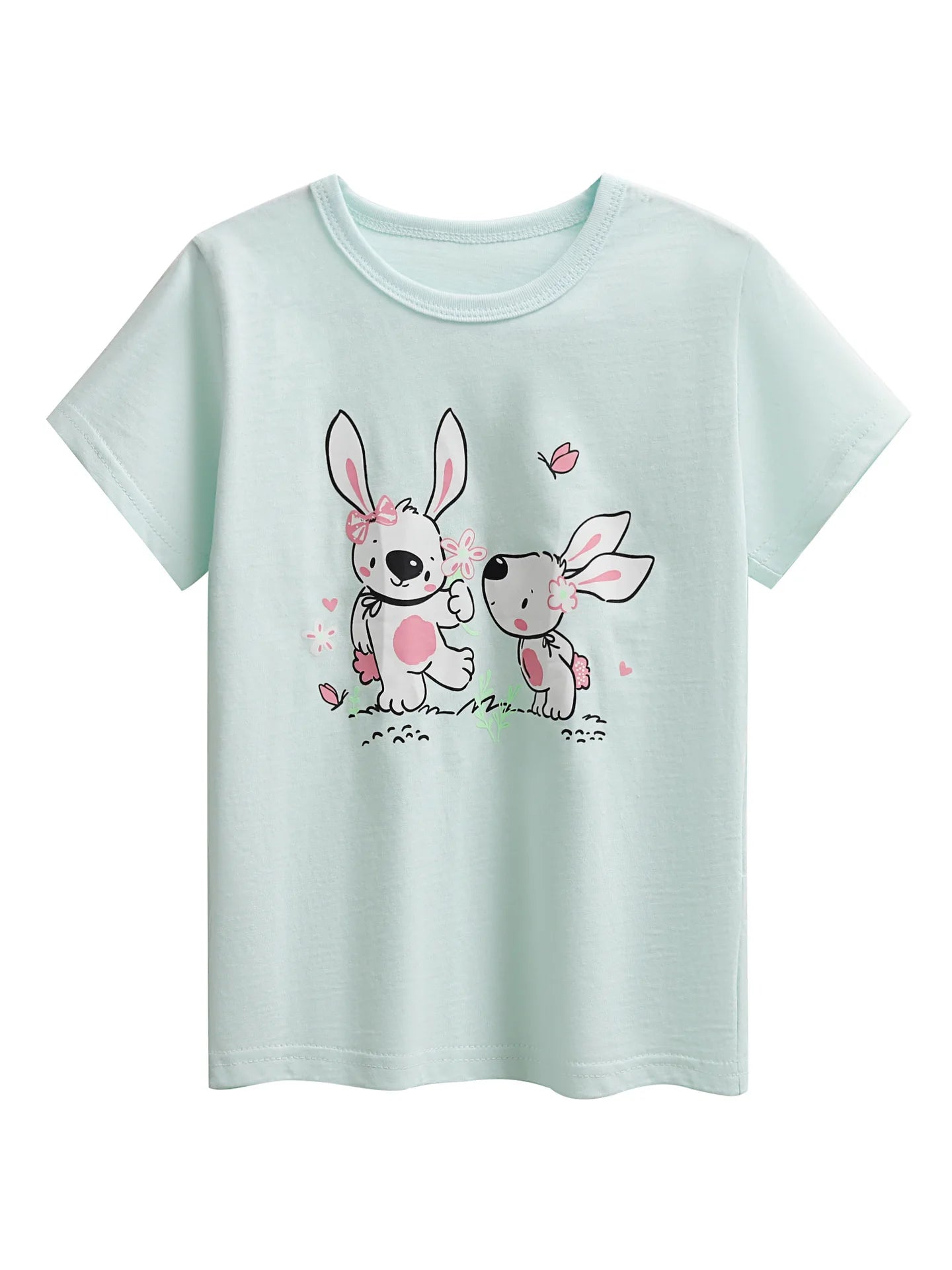 2025 Summer 2 3 4 6 8 10 Years Children Cotton Cartoon Star Bird Cat Rabbit Animal Print Short-Sleeve T-Shirt For Kids Baby Girl