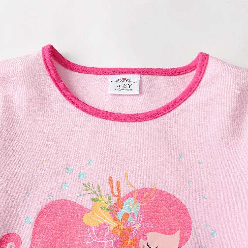 VIKITA 2025 New Children Clothes Kids Striped Pink Long Sleeve Tops Wear Girls Mermaid Print Daily Cotton Casual Cute Tees