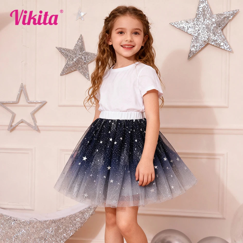 VIKITA Girls Gradient Dress Kids Star Sequined Appliqued Shiny Princess Dresses Kids Mini Ballet Mesh Skirts Children Clothes