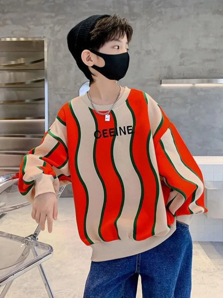 Boys' Medium-Large 2025 New Arrival No Hood Fleece-Lined Spring/Autumn Trendy Cool Kids Sweatshirt