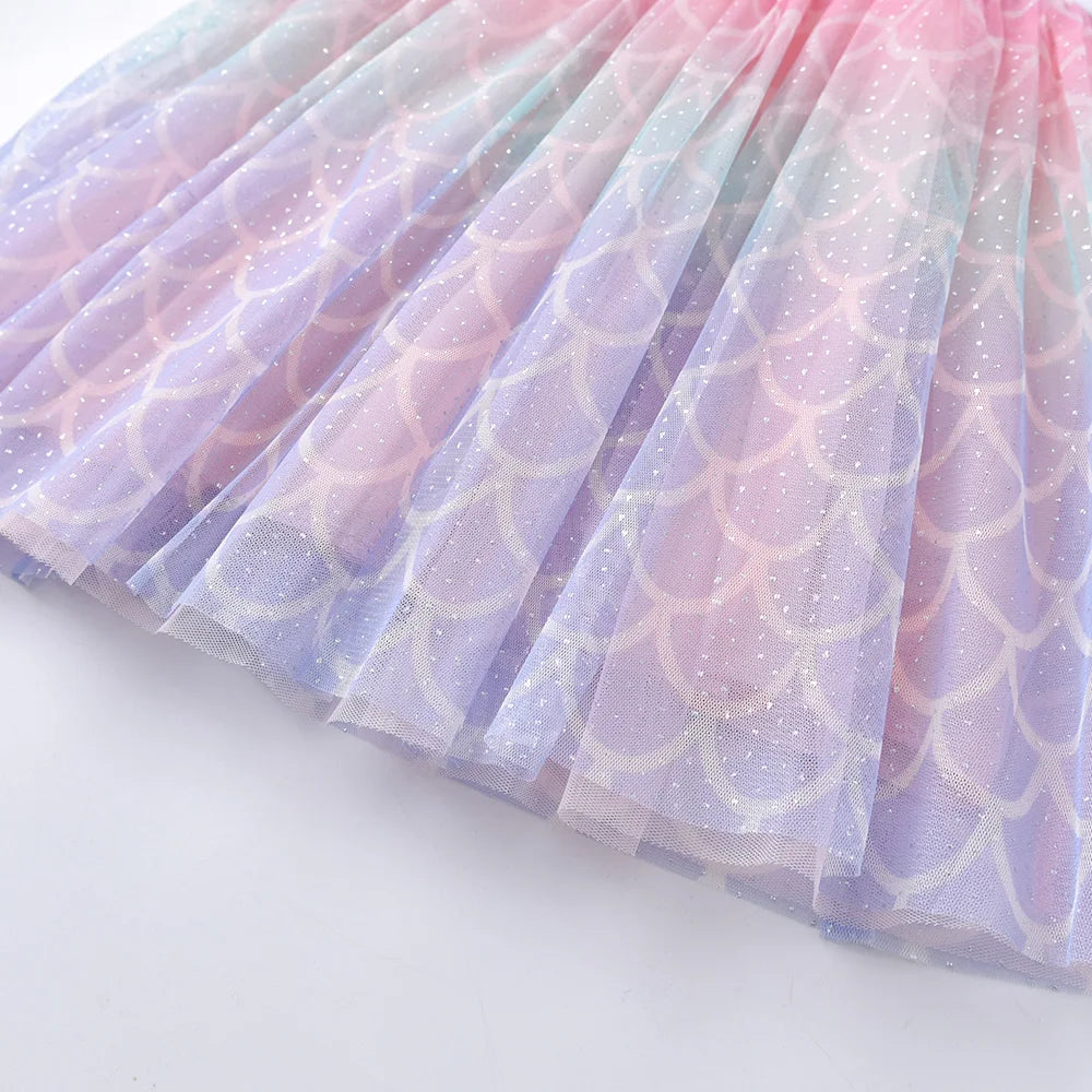 VIKITA Kids Mermaid Print Cartoon Dress Girls Gradient Vacation Birthday Party Casual Princess Flare Sleeve Summer Dresses 3-8 Y