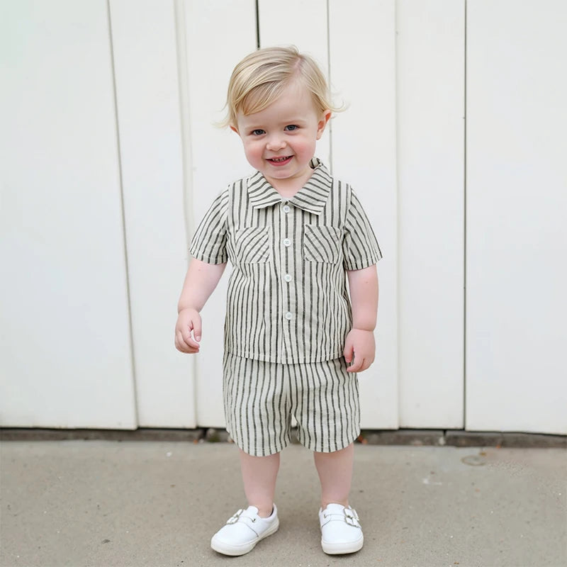 Infant Boy s 2-Piece Outfit Set with Striped Collared Shirt and Elastic Waist Shorts for Summer Wear Toddler Baby Boy Clothes