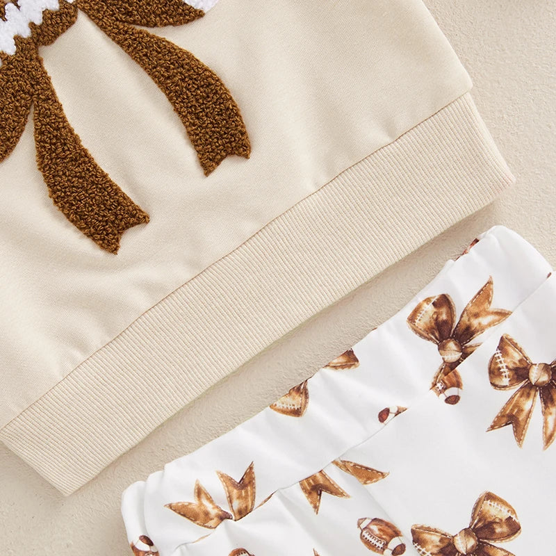 Adorable Baby Girls 2-Piece Football Theme Outfit with Long Sleeve Sweatshirt and Pants Set Cute Bow Embroidery Design