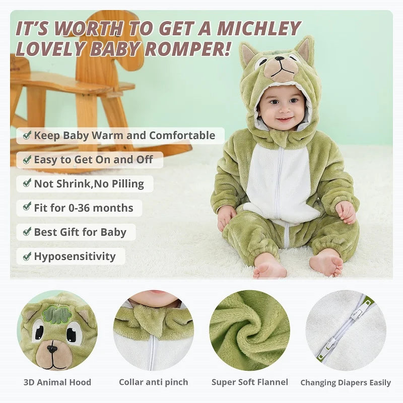 MICHLEY Halloween Costume Infant Baby Clothes Rompers Winter Flannel Hooded Bodysuits Pajamas Animals Overall Jumpsuit For Bebe