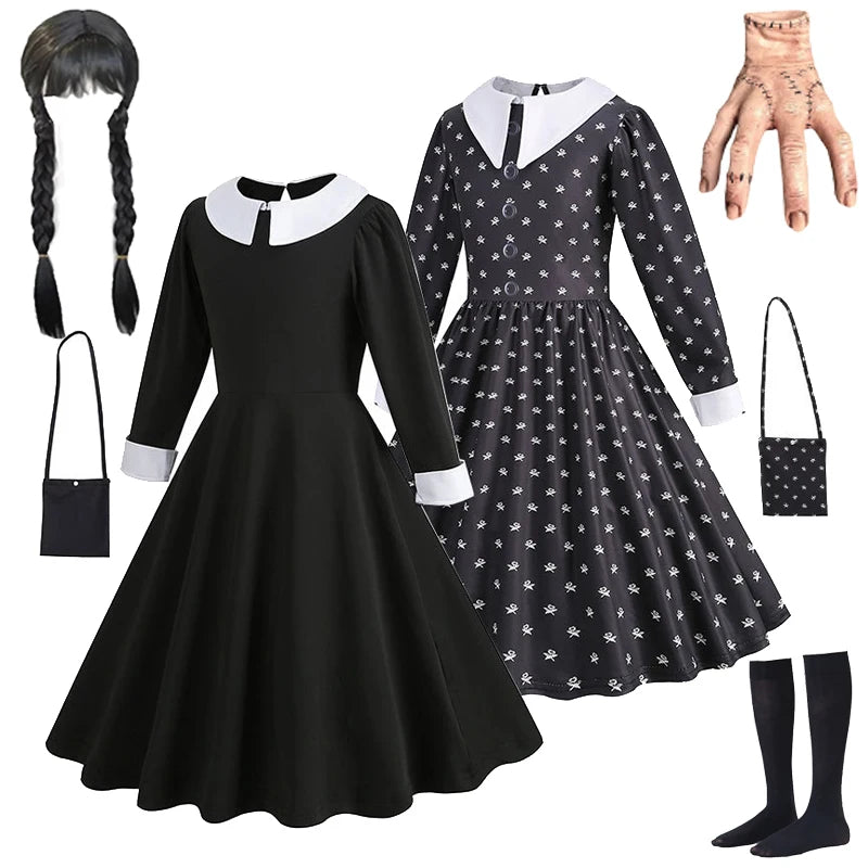 Girls Wednesday Black Gown Vestidos Halloween Addams Cosplay Toddler Youth Gothic Party Dress Kids Carnival Party Kid Vestidos