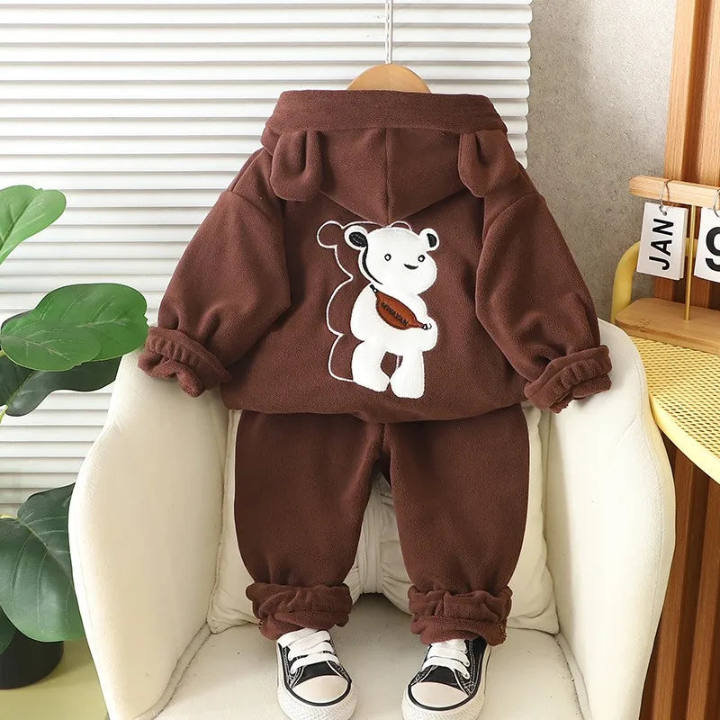 Autumn Winter Baby Boys Warm Clothes Set Thick Fleece Cartoon Bear Zipper Hooded Jacket Pants 2Pc For 1-5 Years Girls Sport Suit