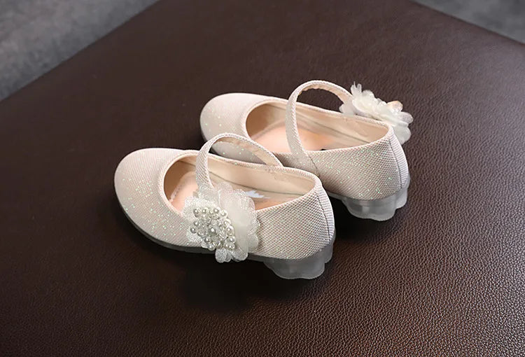 Korean Style Fashion Kids Beaded Little Flowers Leather Shoes Girls Princess Shoes Children Crystal Soft Bottom Dancing Shoes