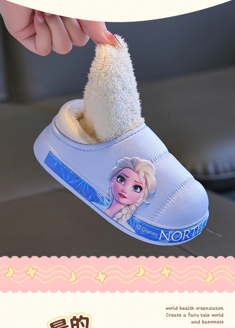 Disney Princess Elsa Girls' Cotton Frozen Winter Waterproof Wool Slippers Cartoon Parent Children's Blue Slippers Size 24-36