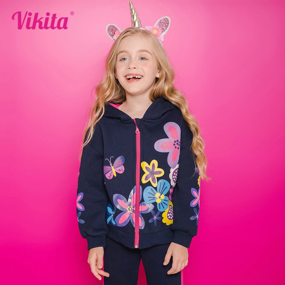 VIKITA Girls Autumn Winter Jacket Children Hooded Coats Girls Floral Print Zipper Outerwear Kids Cotton Casual Sports Jackets