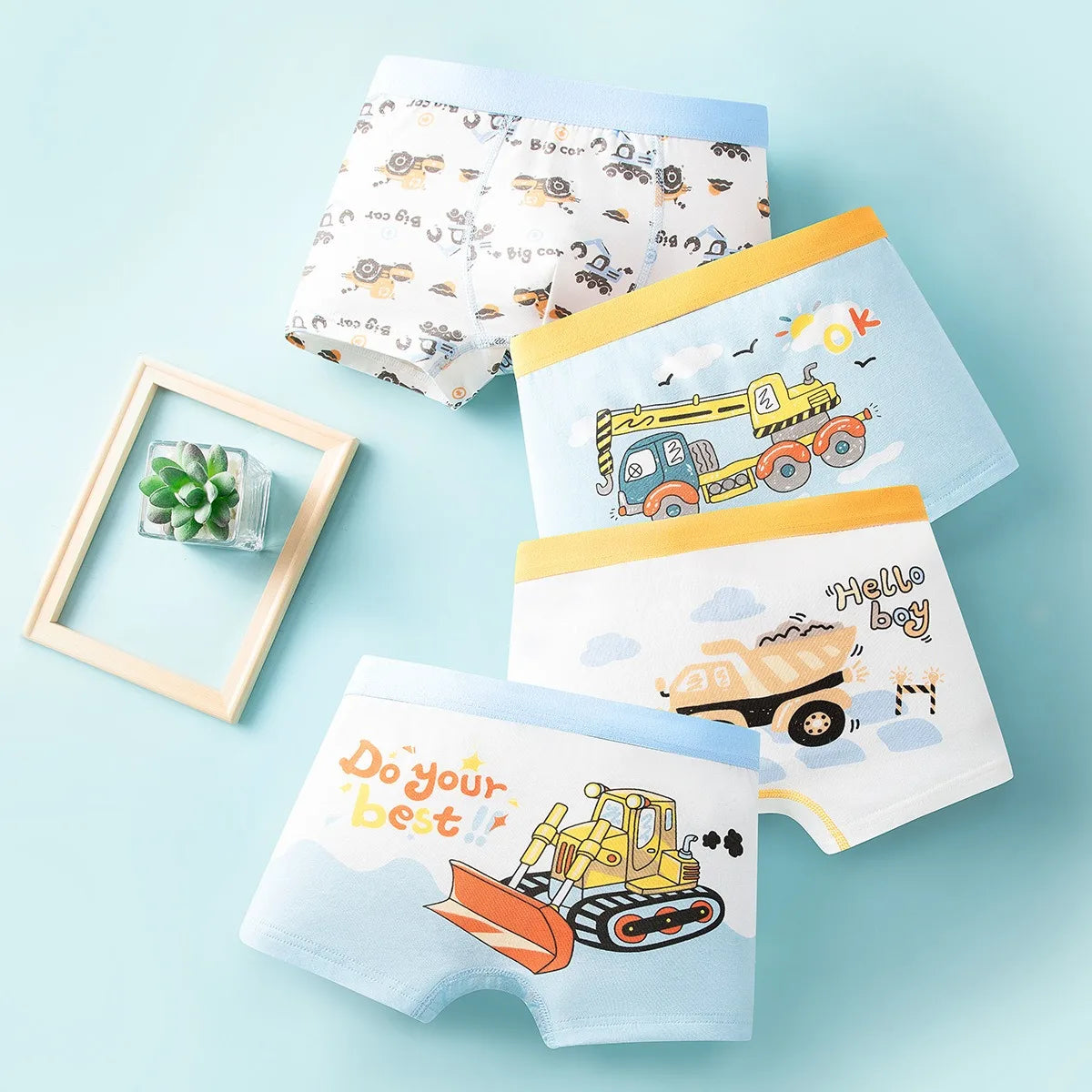 4 Pcs/Lot Boys Cotton Underpants Excavator Cartoon Cars Pattern 3-11T Boys Boxer Briefs Breathable Children Underwears Shorts
