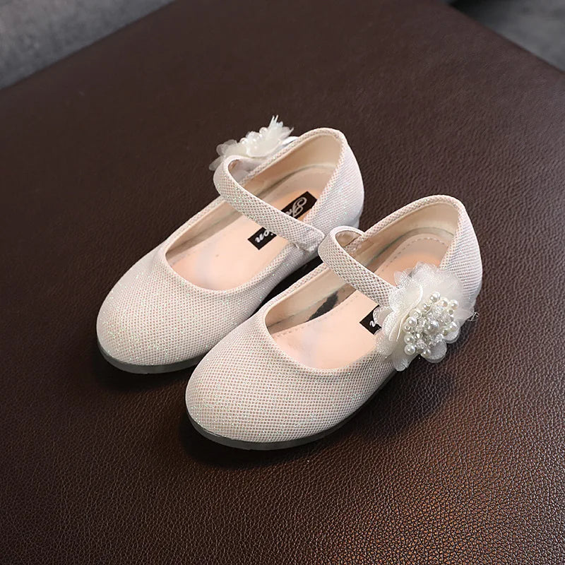 Korean Style Fashion Kids Beaded Little Flowers Leather Shoes Girls Princess Shoes Children Crystal Soft Bottom Dancing Shoes