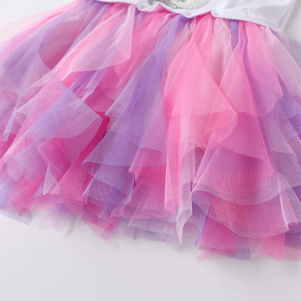 VIKITA Girls Mermaid Sequined Appliqued Cartoon Dress Kids Irregular Mesh Tulle Layered Princess Patchwork Long Sleeve Dresses