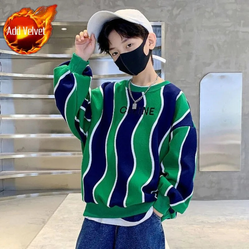 Boys' Medium-Large 2025 New Arrival No Hood Fleece-Lined Spring/Autumn Trendy Cool Kids Sweatshirt