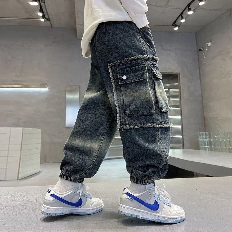 2025 Boys' Cargo Pants All-Season Washed Tie-Dye Denim Long Pants Trendy Casual Style
