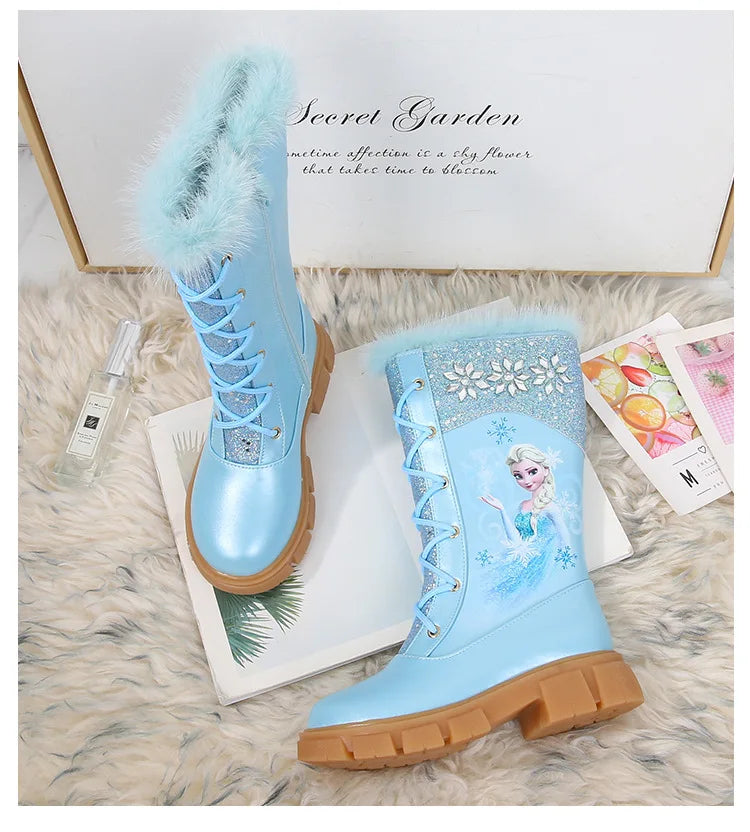 Disney Girls' Princess Elsa Frozen Boots Children's Long Sleeve Boots Women's Cotton Winter Plush Thickened High Sleeve Boots