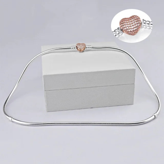 Heart Love 925 Sterlin Silver Snake Chain Necklace Secure Ball Clasp Beads Charms Chocker Necklace For Women Wedding DIY Jewelry