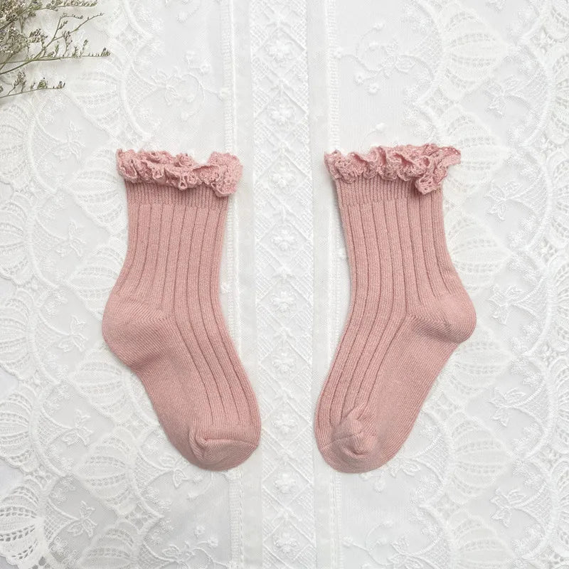 Ruffle Kids Knee High Socks Baby Girls Toddlers Long Soft Cotton Sock Lace Flower Children School Uniform Socks For 0-8Years
