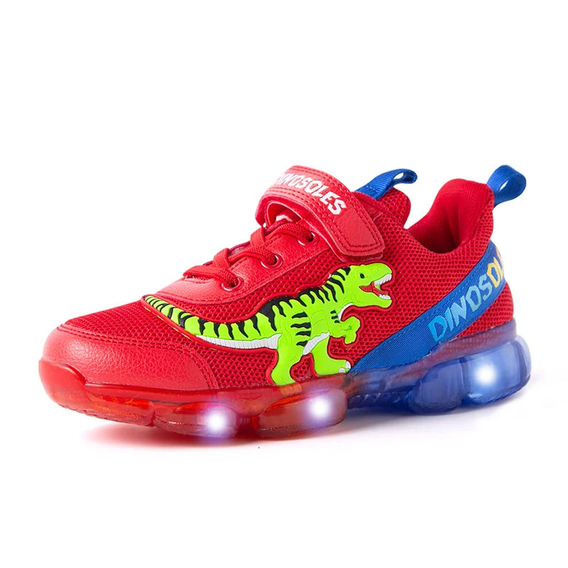 EXDINO T-REX LED 2-9Y Boys Spring Autumn Mesh Tennis Shoes Glowing Children's Kids Flashing Jelly Sole Light Up Casual Sneakers