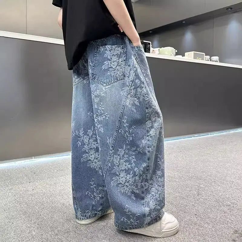 Kids' Casual Wide-Leg Jeans with Jacquard Print - Boys & Girls Big Kids Comfort Fit Spring Autumn Pants