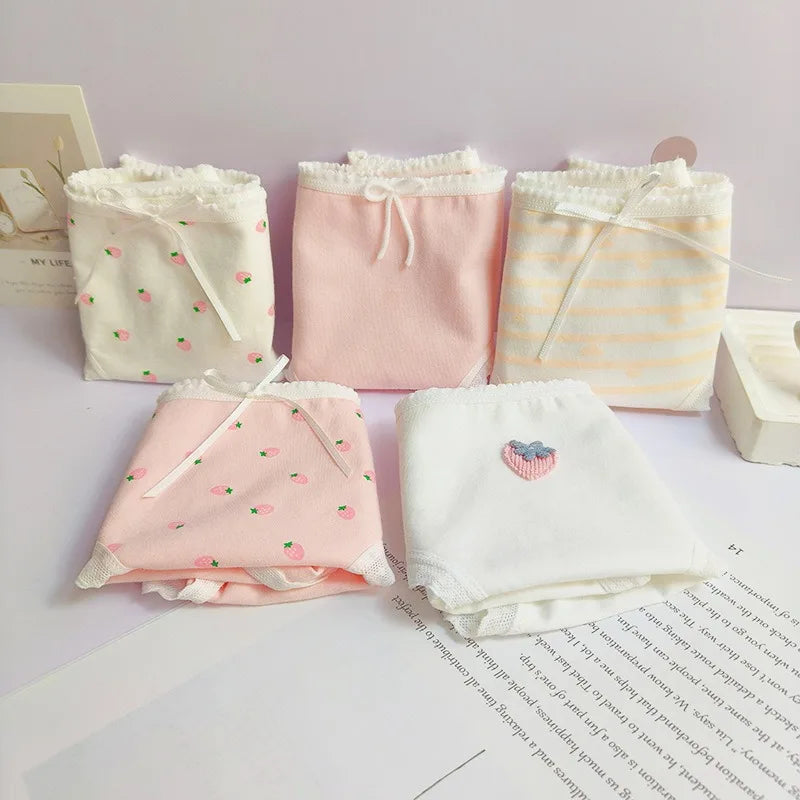 5PCS Girls Cotton Soft Antibacterial Briefs Kids Pink Strawberry Print Knickers 7+y Young Children Breathable Comfort Underwears