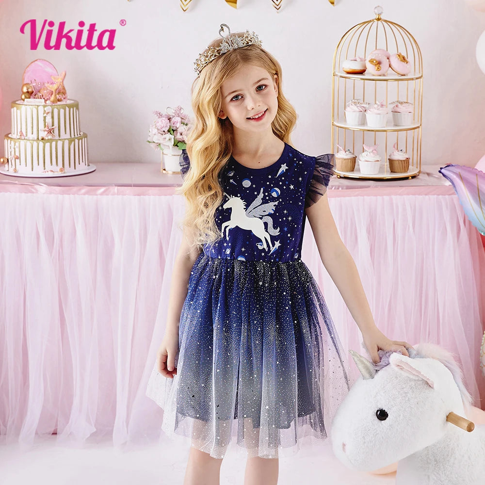 VIKITA Kids Licorne Cartoon Dress Girls Flare Sleeve Summer Dresses Girls Gradient Birthday Party Performance Princess Dresses
