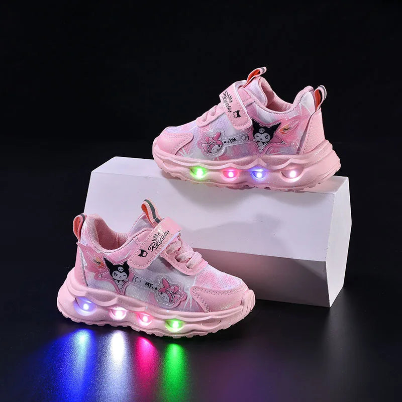 Kids'Casual Shoes Girls Led Light Cartoon PU Leather Spring Fashion Flat Bottom Anti-slip Soft Bottom Pink Purple Size 21-30