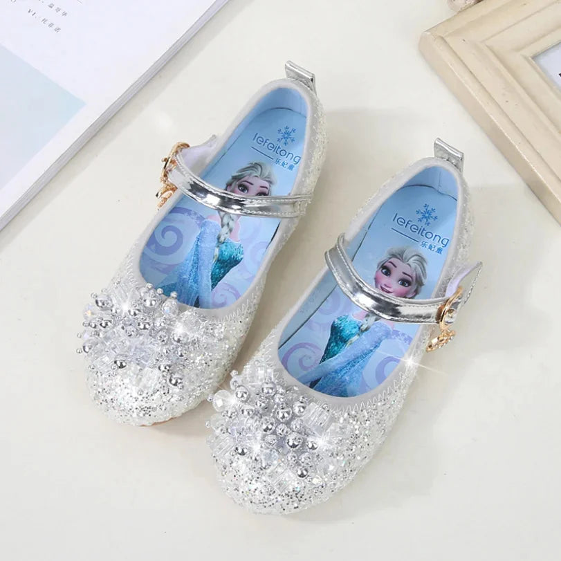 Disney Girls Princess Shoes Soft Sole Little Girl Frozen Children Crystal Casual Shoes Flat Leather Show Dance Shoes Size 22-36