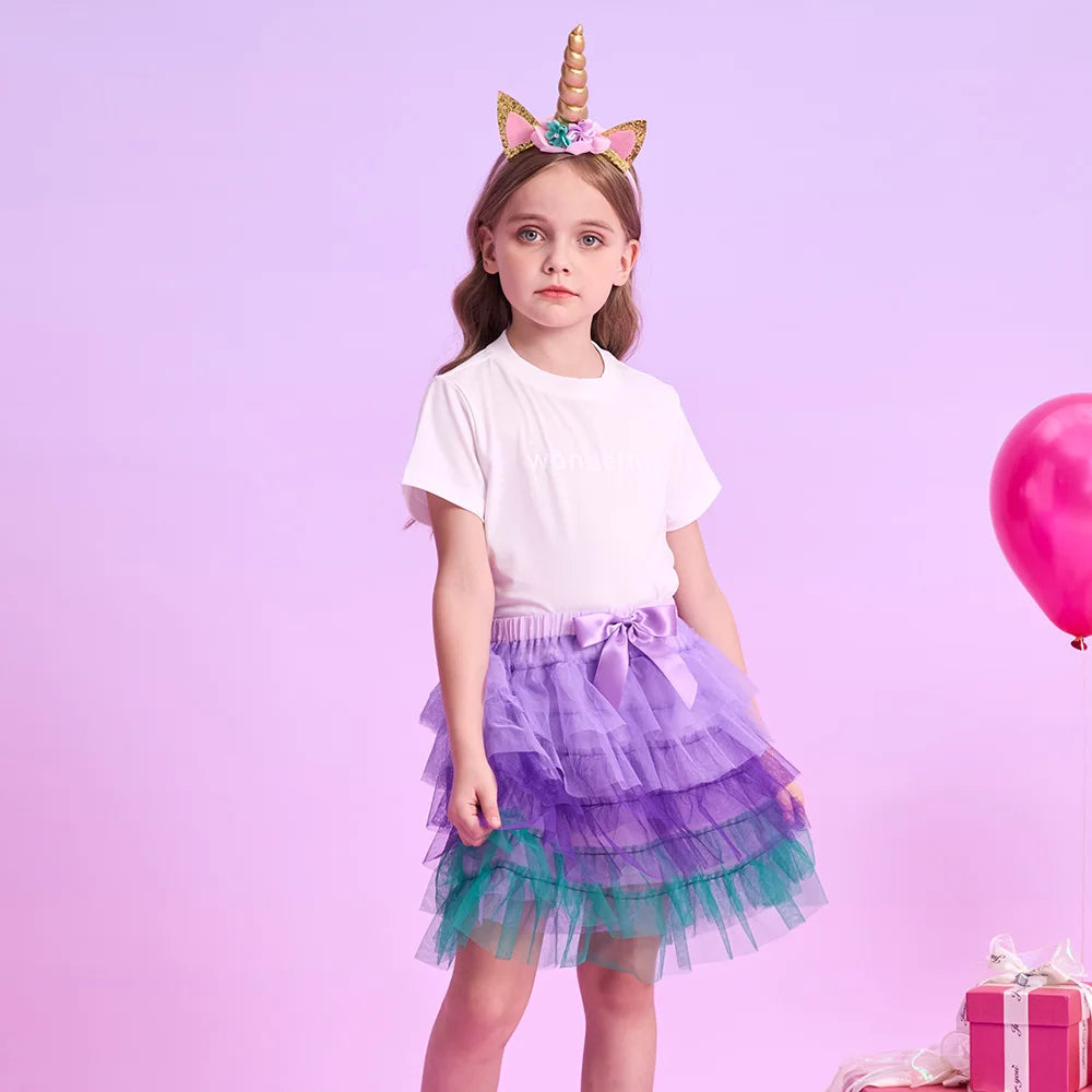 VIKITA Kids Mesh Tulle Layered Cake Tutu Skirt with Bow Knot Girls Mermaid Party Performance Casual Princess Mini Skirts 3-12Y