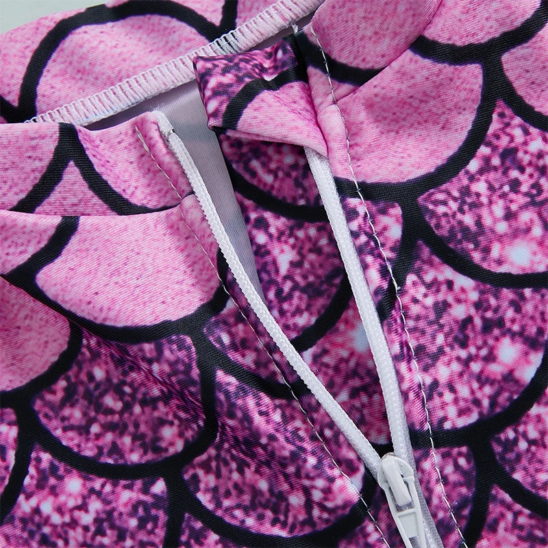 Mermaid Print  Swimsuit with Zipper Closure and Ruffled Mock Neck for Toddler Girls - UV Protection Rash Guard Bathing