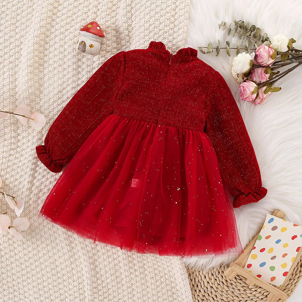 Autumn And Winter New Red Sequin Bow Baby Girl Dress, Princess Style Children'S Clothing With Free Sequin Pendant (0-3 Years)