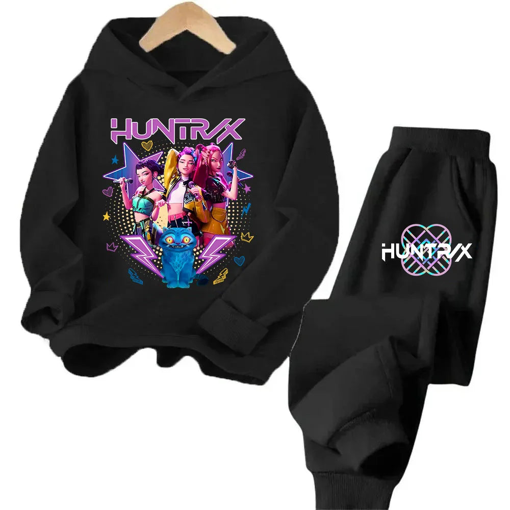 Girls Clothing 2025 Hot KPop Demon Hunter Cartoon Girls Hooded Sweatshirt Sweatpants Set Warm Children's Fashion Casual Tops