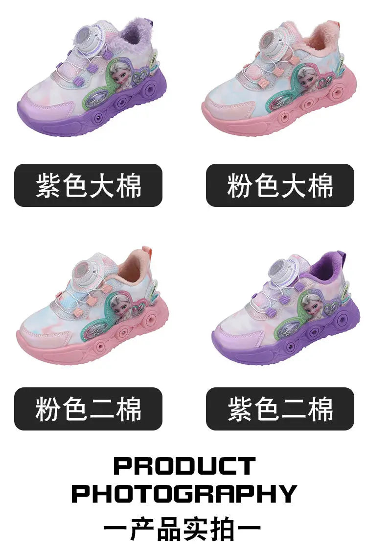Disney LED Casual Sneakers Pink Purple For Summer Girls Frozen Elsa Princess Print Outdoor Shoes Children Lighted Non-slip Shoes
