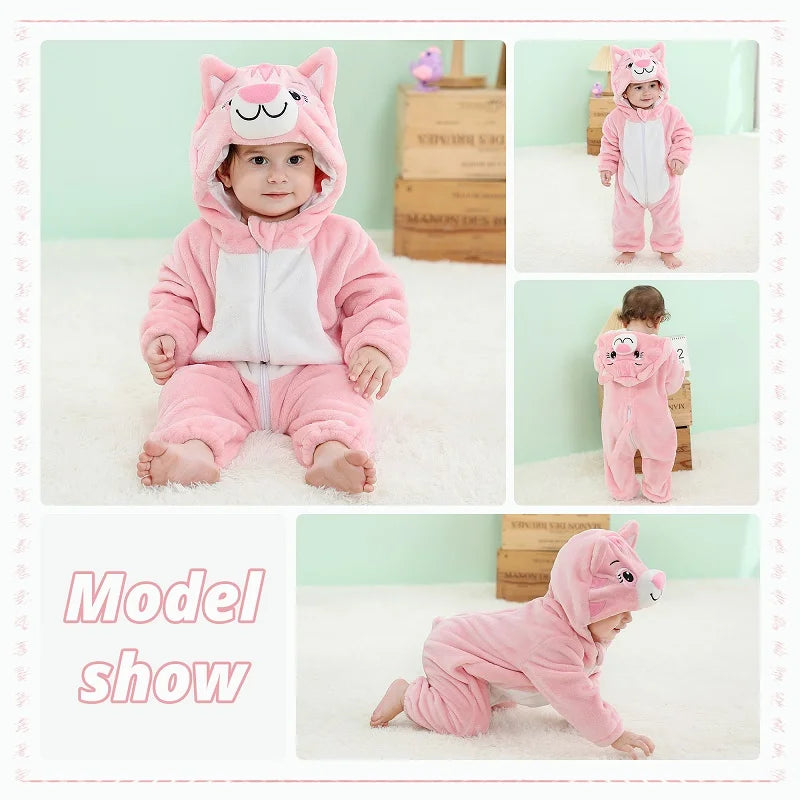 MICHLEY Halloween Costume Infant Baby Clothes Rompers Winter Flannel Hooded Bodysuits Pajamas Animals Overall Jumpsuit For Bebe