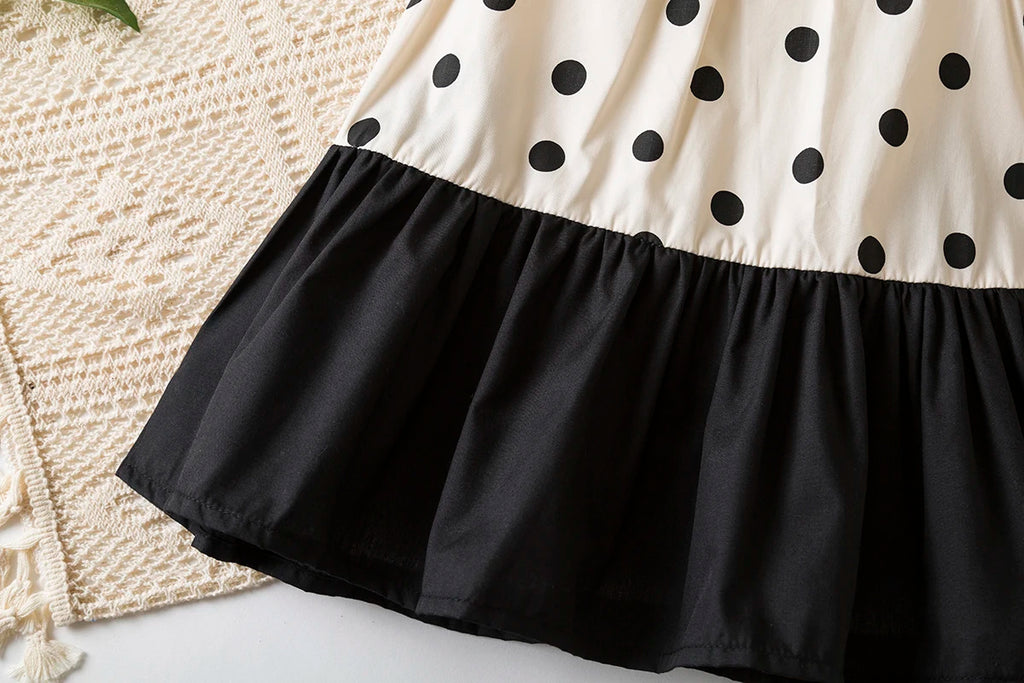 Sweet Black Bow Baby Girl Dress, Summer New Polka Dot Sleeveless Children'S Clothing With Free Hat (9 Months-4 Years Old)