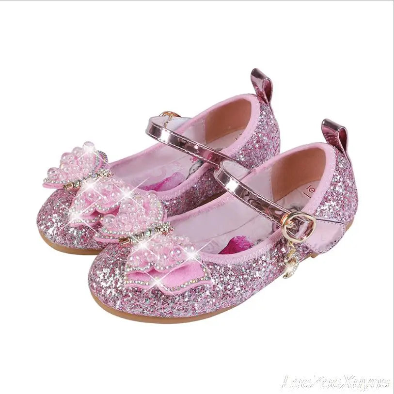 Disney Girls Princess Shoes Soft Sole Little Girl Frozen Children Crystal Casual Shoes Flat Leather Show Dance Shoes Size 22-36
