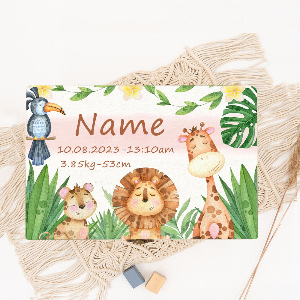 Personalized Baby Memory Box Custom Forest Animal Wooden Box Newborn Shower Gift Infant Birth Stats Present Baby Storage Box