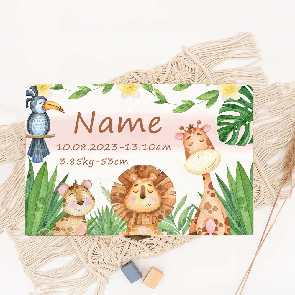 Personalized Baby Memory Box Custom Forest Animal Wooden Box Newborn Shower Gift Infant Birth Stats Present Baby Storage Box