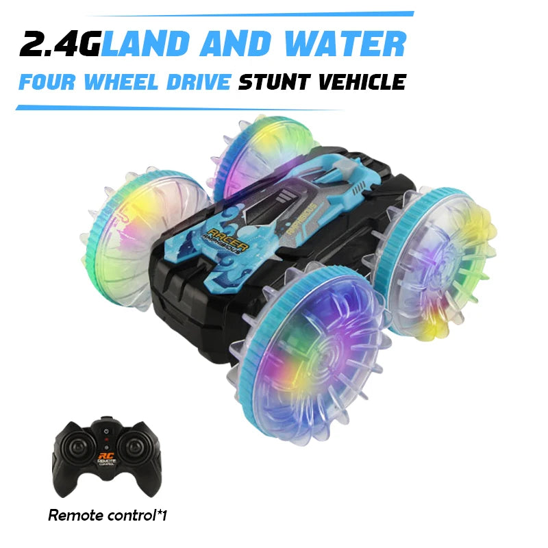 New LED Amphibious RC car Dual remote control waterproof stunt car double side flip drift drive 360 ° rotation rc cars Kids toy