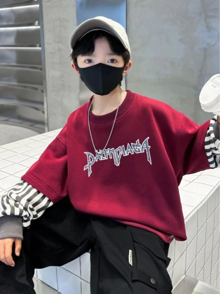 Boys' Medium-Large 2025 New Arrival No Hood Long Sleeve Fake Two-Piece Loose Fit Stylish Sweatshirt for Spring