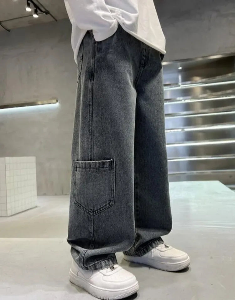 2025 Spring Boys' Wide-Leg Jeans Loose-Fit Trendy Streetwear for Kids Ages 8-14