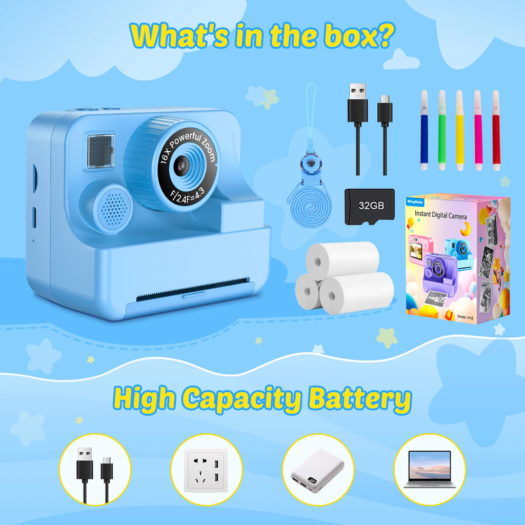 New Bee Kids Instant Print Camera 1080P HD Dual Lens Selfie 32GB Digital Camera for Girls Boys Christmas Birthday Gifts Toys