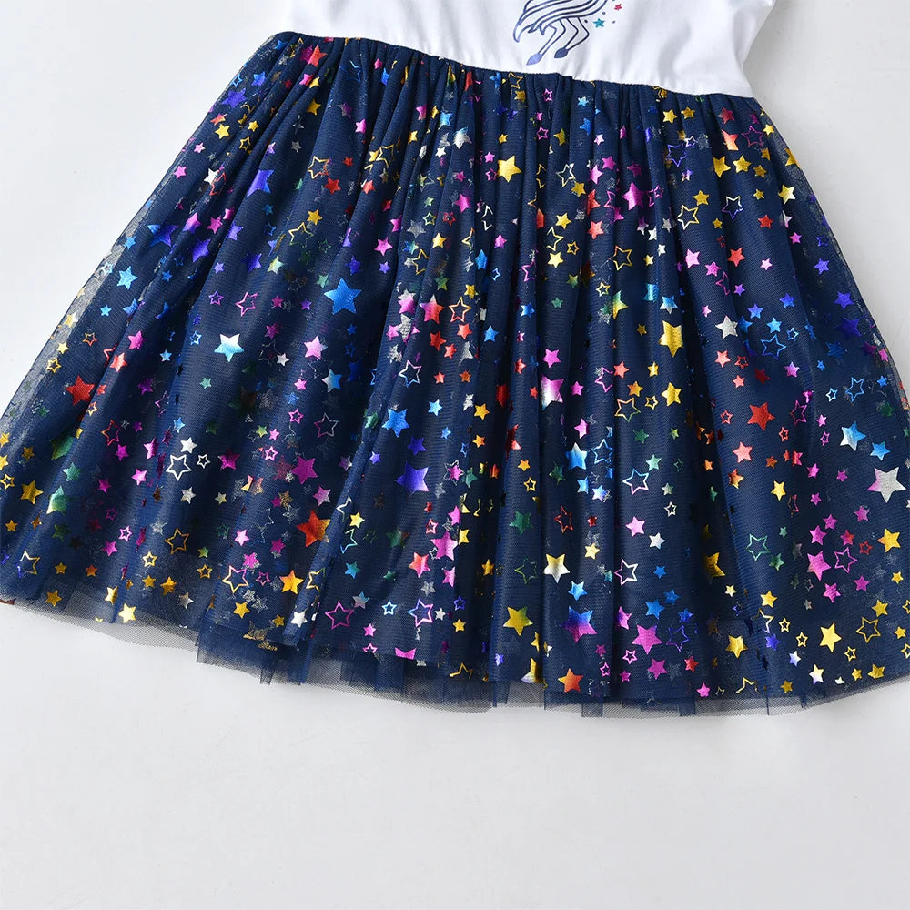 VIKITA Girls Sleeveless Summer Navy Blue Dress Toddlers Patchwork Fashion Cute Licorne Star Shiny Mesh Vacation Dresses 7-12 Yrs