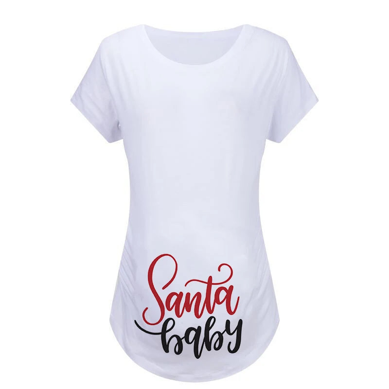 Christmas Womens Maternity T-shirt Santa Baby Printed Pregnant Women T Shirt Pregnancy Casual Short Sleeve T Shirt White Clothes