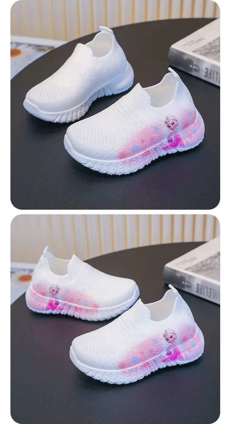 Disney Solid White Fashion Knitting Frozen Princess Elsa Children Casual Shoes Kids' Light Breathable Stretch Socks Sneakers Siz