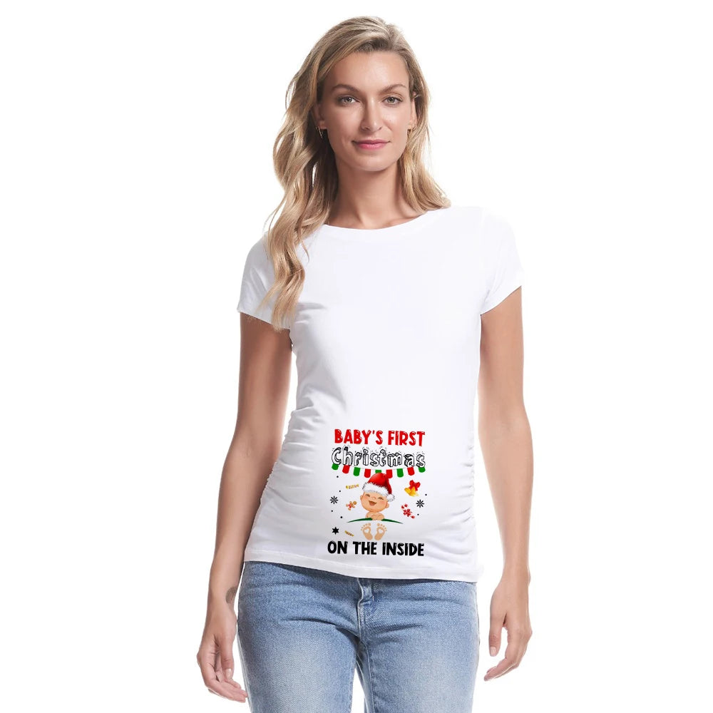 Baby 's First Christmas on The Inside Pregnancy T Shirt Maternity Shirts Xmas Pregnancy Announcement Shirt New Mom White Clothes