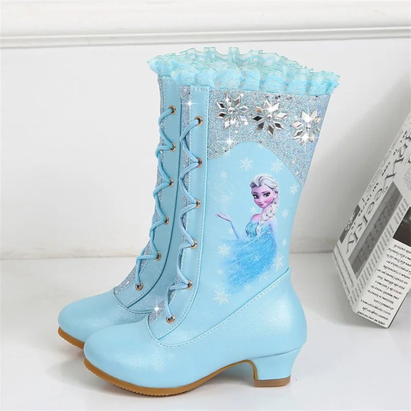 Disney Girls High Heel Boots Winter Children's Long Sleeved Plush Snow Warm Boots Princess Elsa Pink Blue Boots Size 27-37