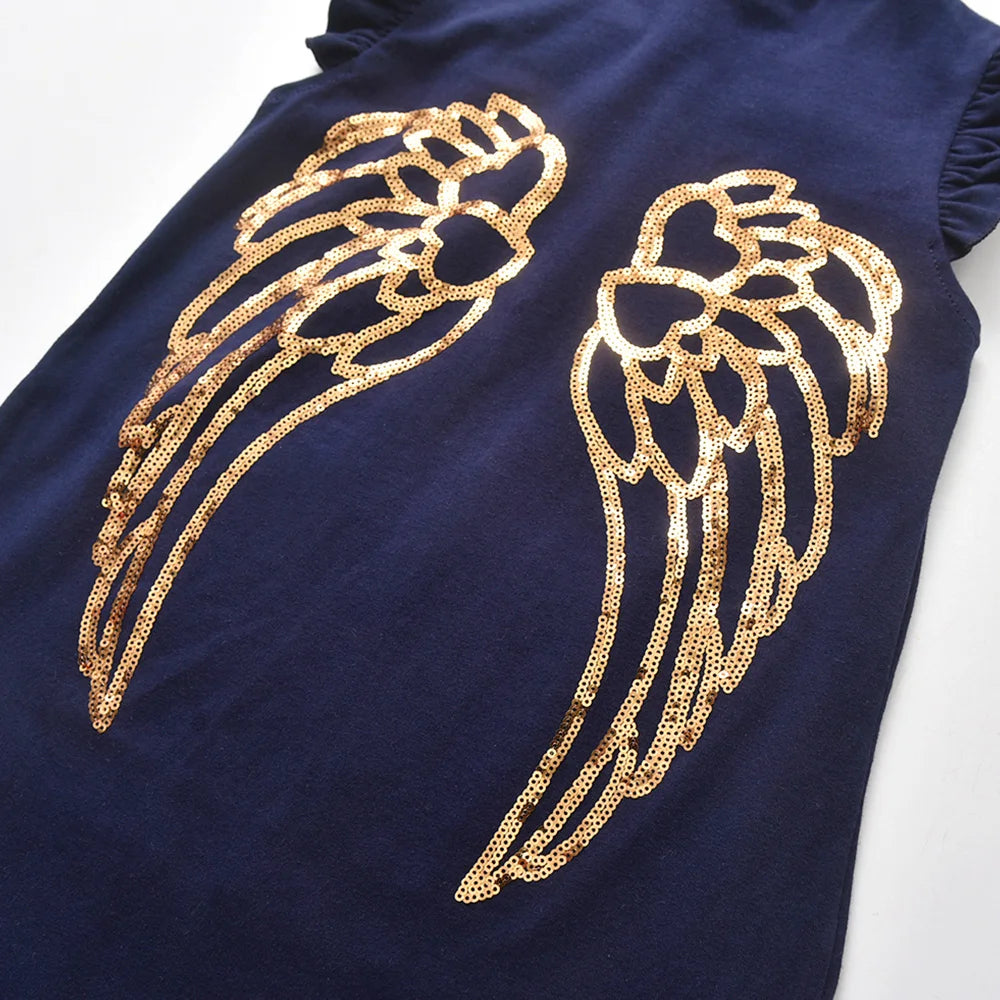 DXTON Kids Wing Sequined Dress Toddlers Flare Sleeve 100% Cotton Vestidos with Pockets Kids Unicorn Cartoon Casual Summer Wear