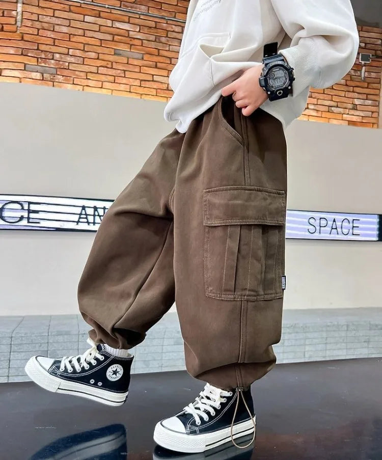 Boy's Loose Fit Tactical Cargo Pants 2025 Spring Autumn Lightweight Breathable Casual Wear with Multi-Pockets