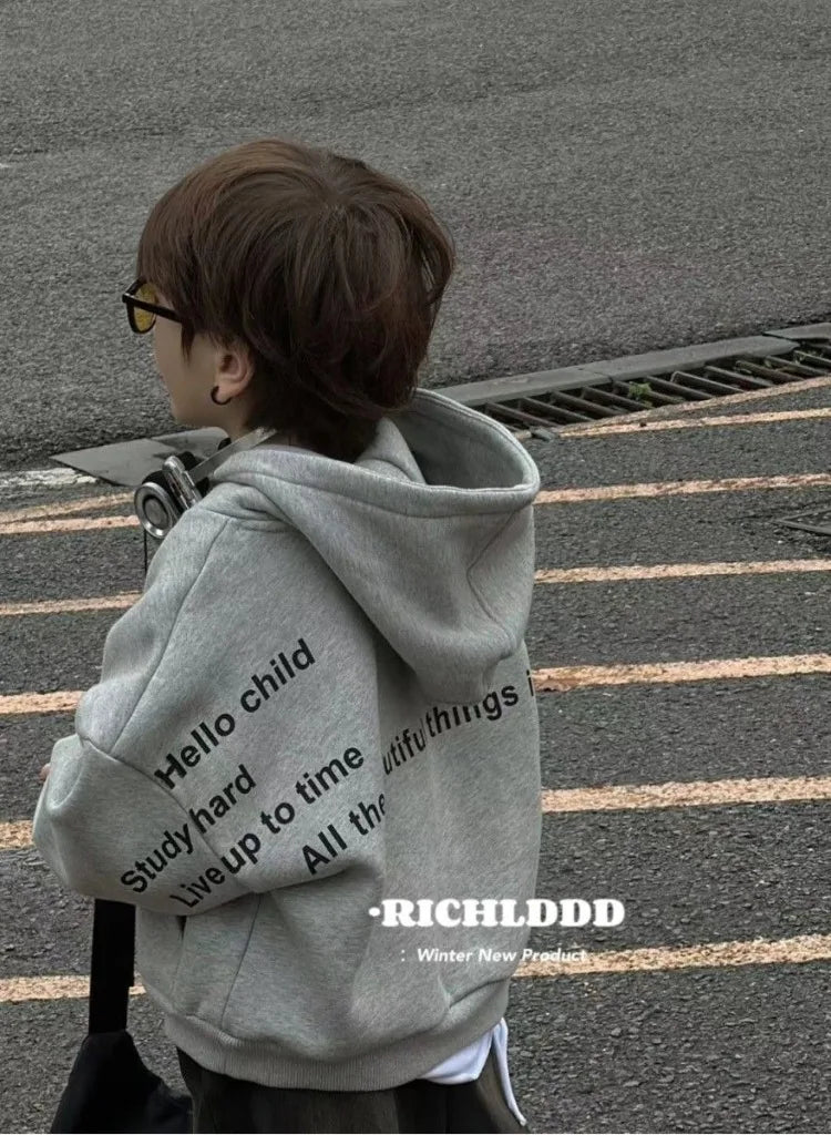 Autumn Winter Kids' Mid-Small Edgy Fleece-Lined Letter Print Hooded Hoodie - Warm Korean-Style Baby To Big Kids Top